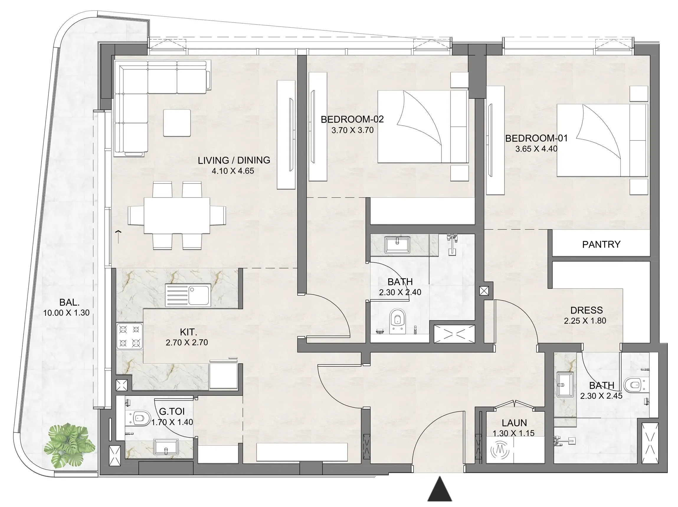 Luzora Residence 2 bed floor plan, 1,349 sqft