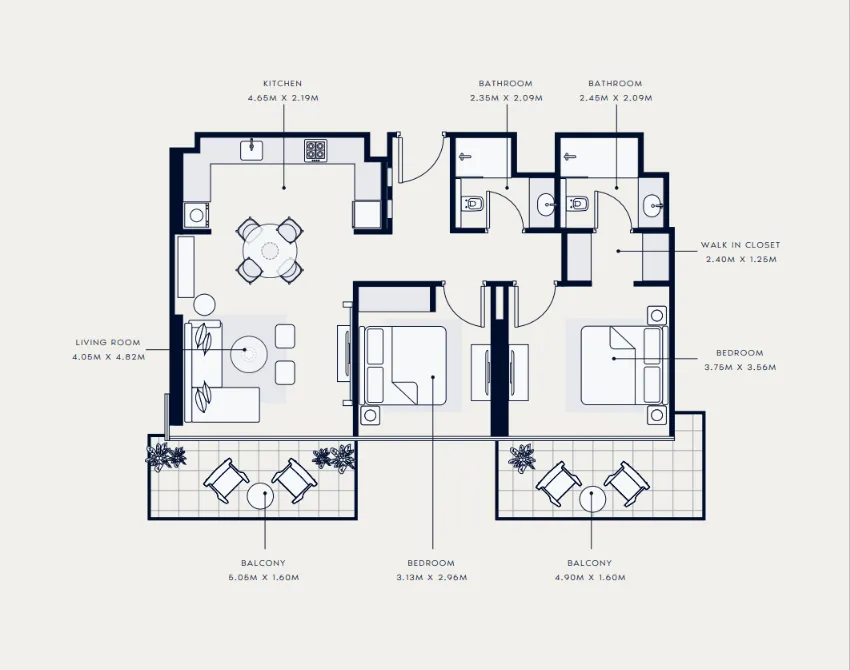 Azizi Venice 2 bed floor plan, 1,089 sqft
