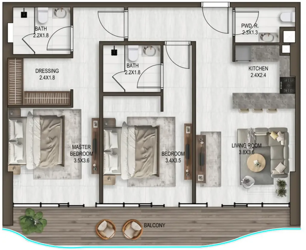 Noore 2 bed floor plan, 1,087 sqft