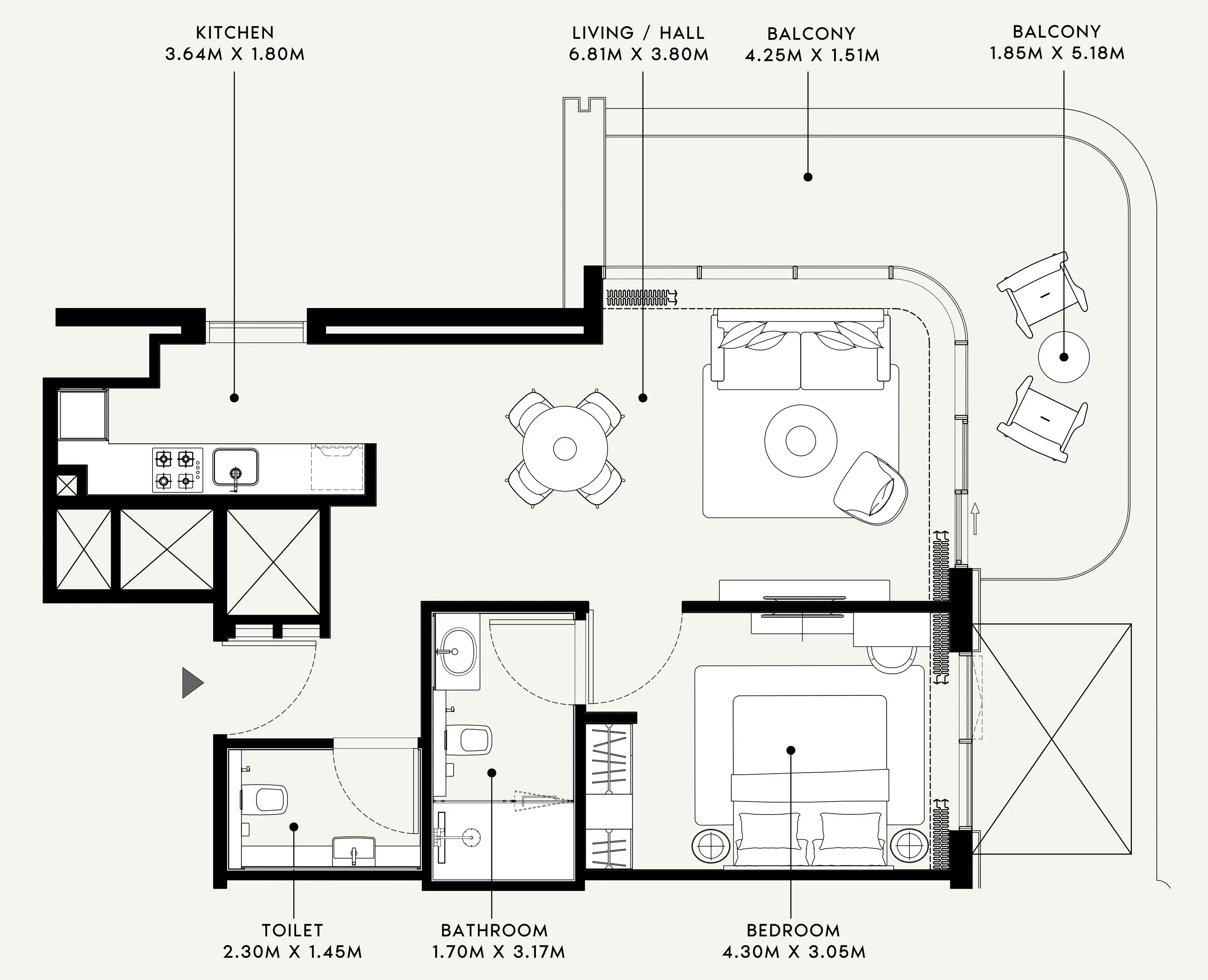 Azizi Venice 1 bed floor plan, 875 sqft