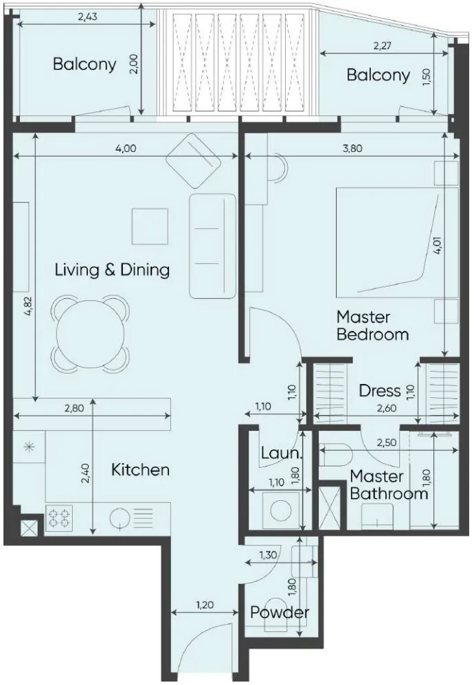 Sea Legend Tower One 1 bed floor plan, 818 sqft