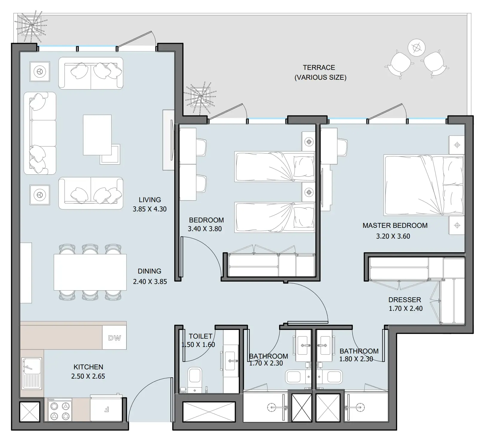 The District 2 bed floor plan, 1,076 – 1,079 sqft