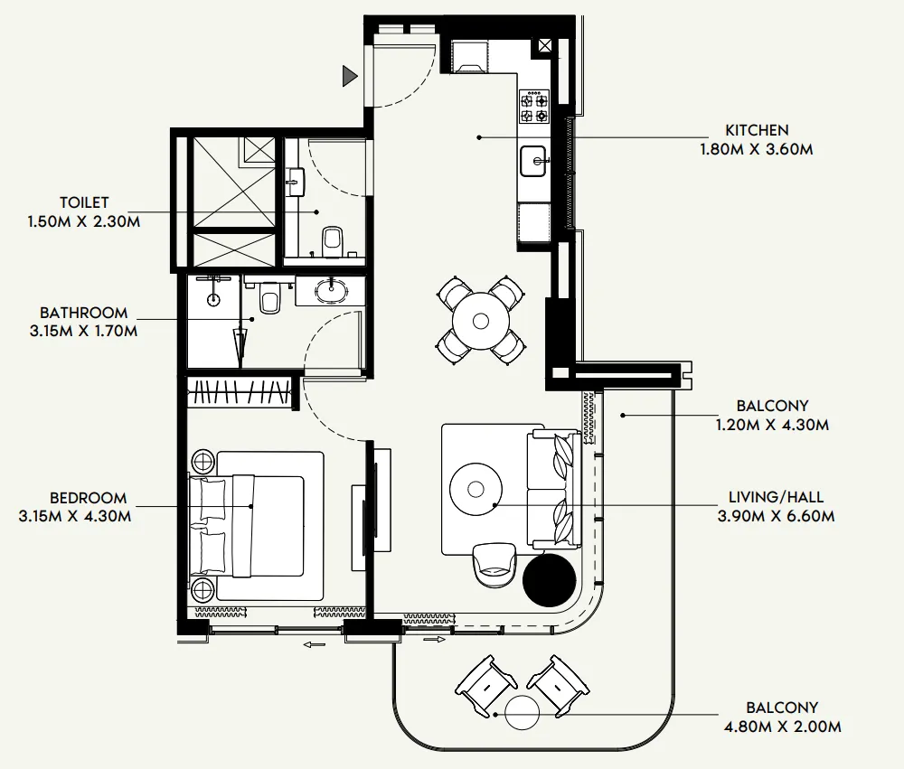 Azizi Venice 1 bed floor plan, 736 sqft