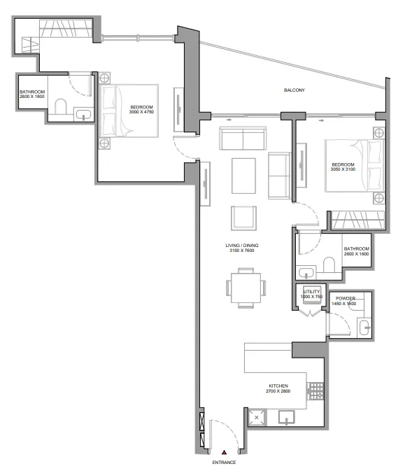 The Horizon at Sobha Central 2 bed floor plan, 1,157 sqft