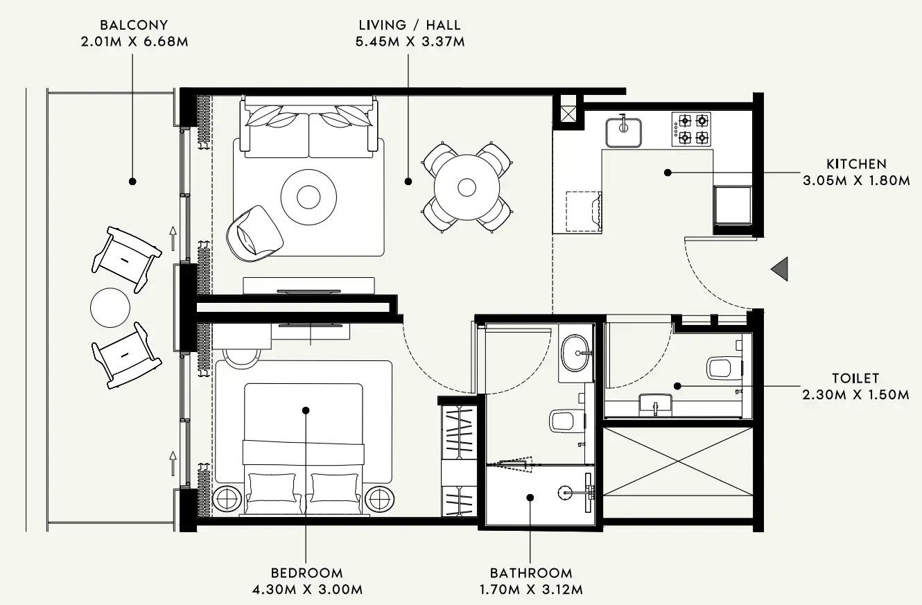 Azizi Venice 1 bed floor plan, 740 sqft