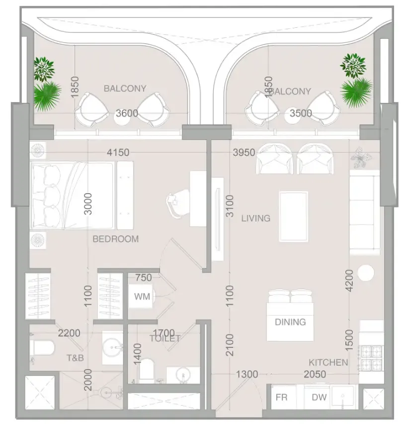 ALTA V1EW 1 bed floor plan, 736 sqft