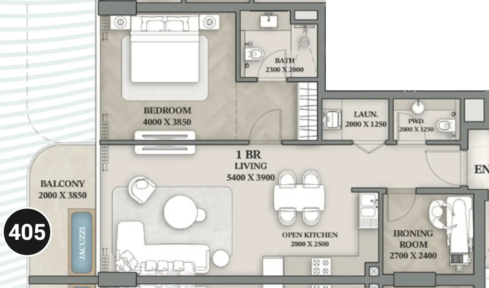 Wellington Ocean Walk 1 bed floor plan, 907 sqft