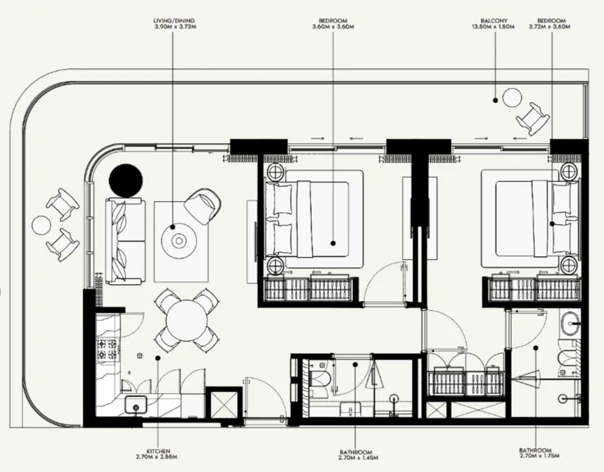 Azizi Venice 2 bed floor plan, 1,167 sqft