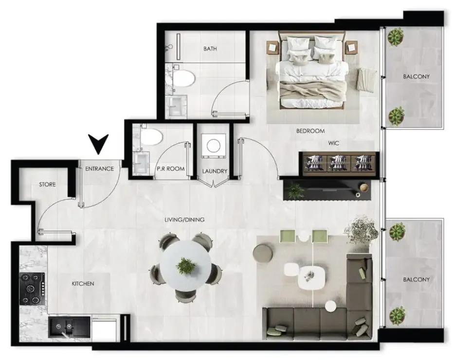 The Willows Residences 1 bed floor plan, 728 sqft