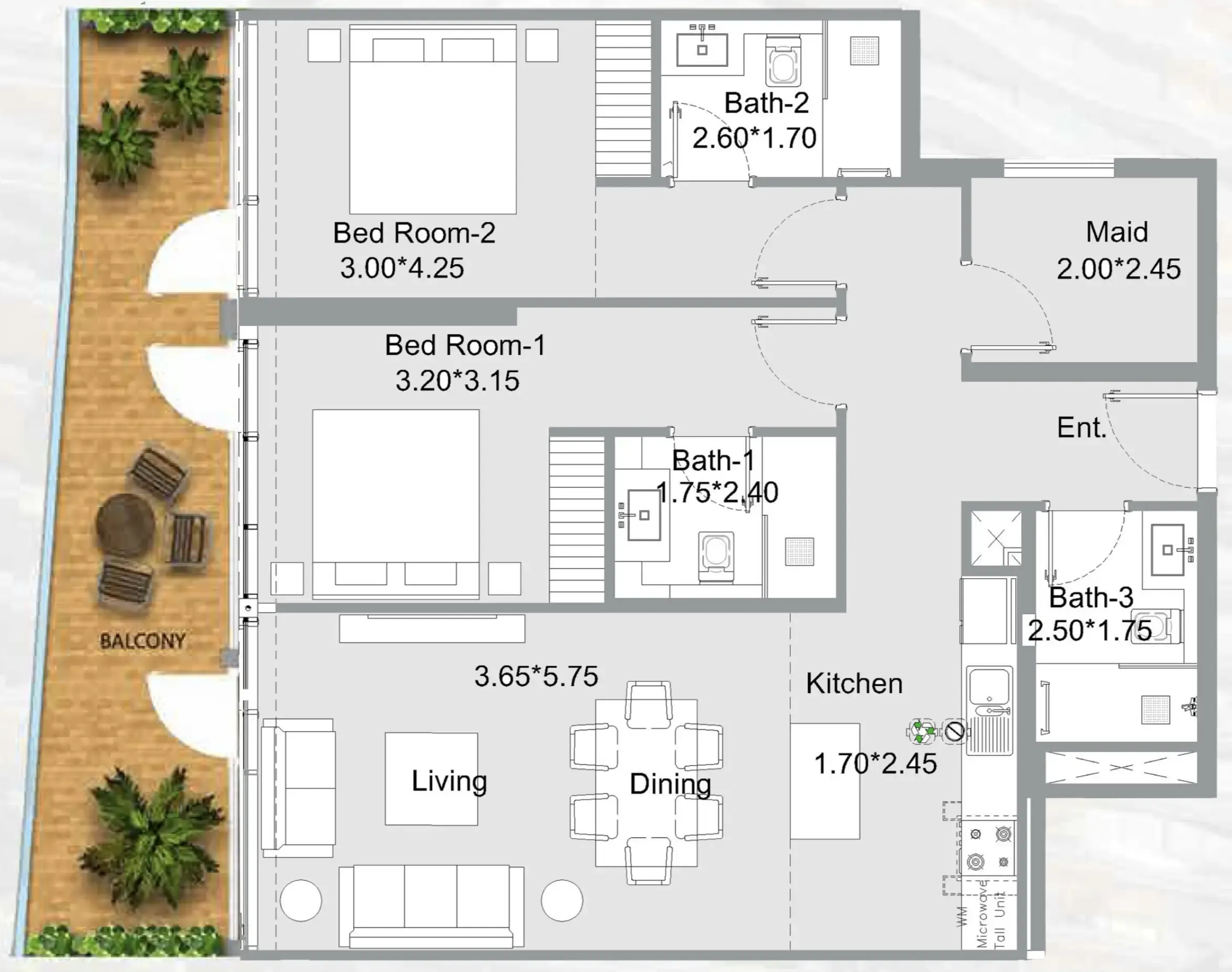 311 Boulevard 2 bed floor plan, 1,270 sqft
