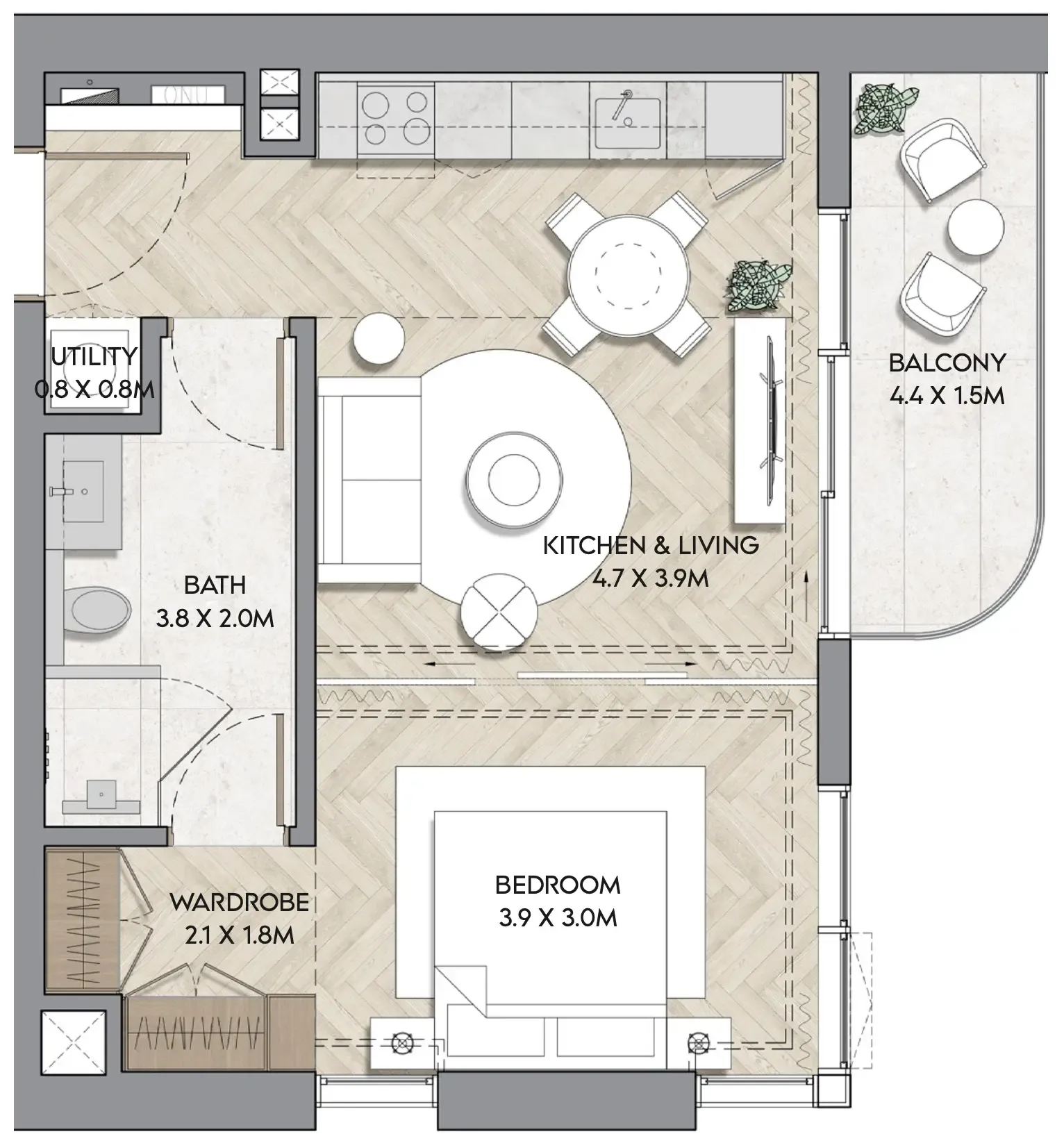 Nura 1 bed floor plan, 623 sqft