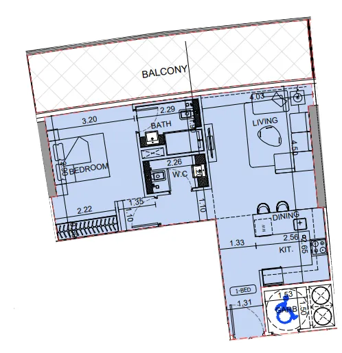 Binghatti Aquarise 1 bed floor plan, 908 sqft