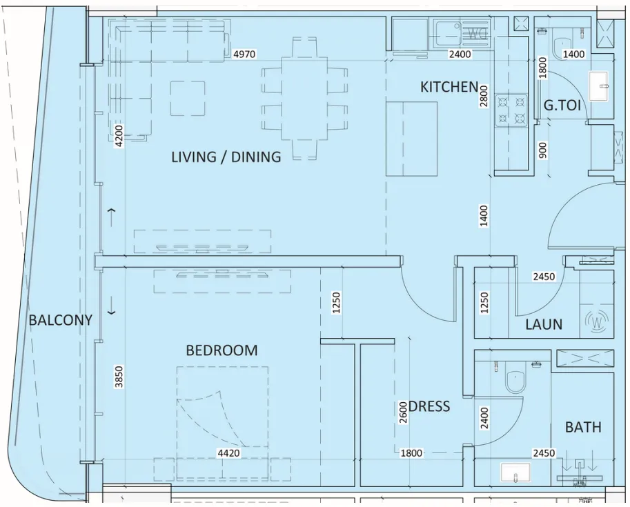 Luzora Residence 1 bed floor plan, 929 sqft