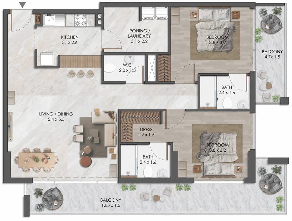 Almaara Residences 2 bed floor plan, 1,349 sqft