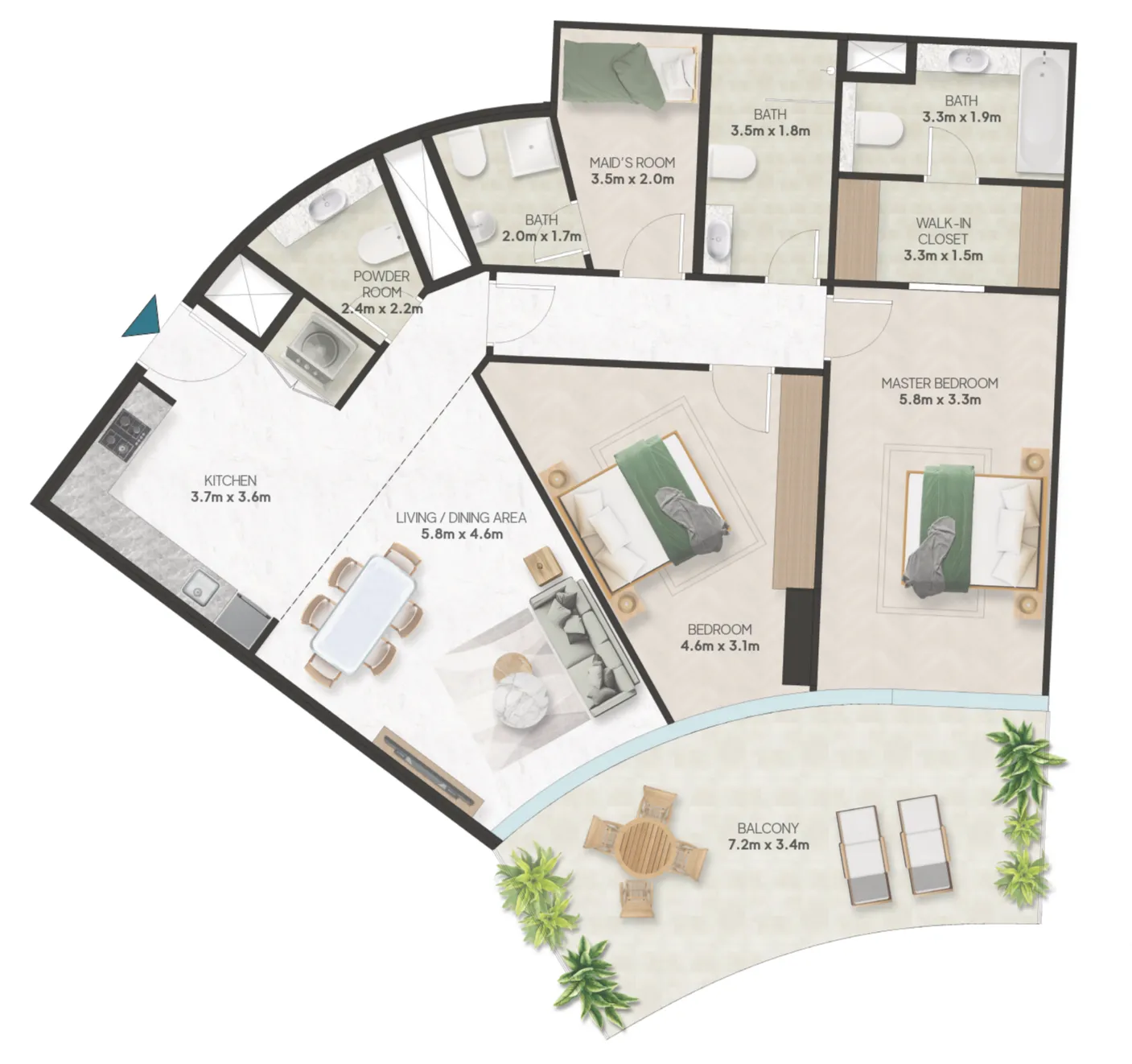 Oystra 2 bed floor plan, 1,555 sqft