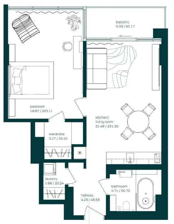 Vibe 1 bed floor plan, 730 sqft
