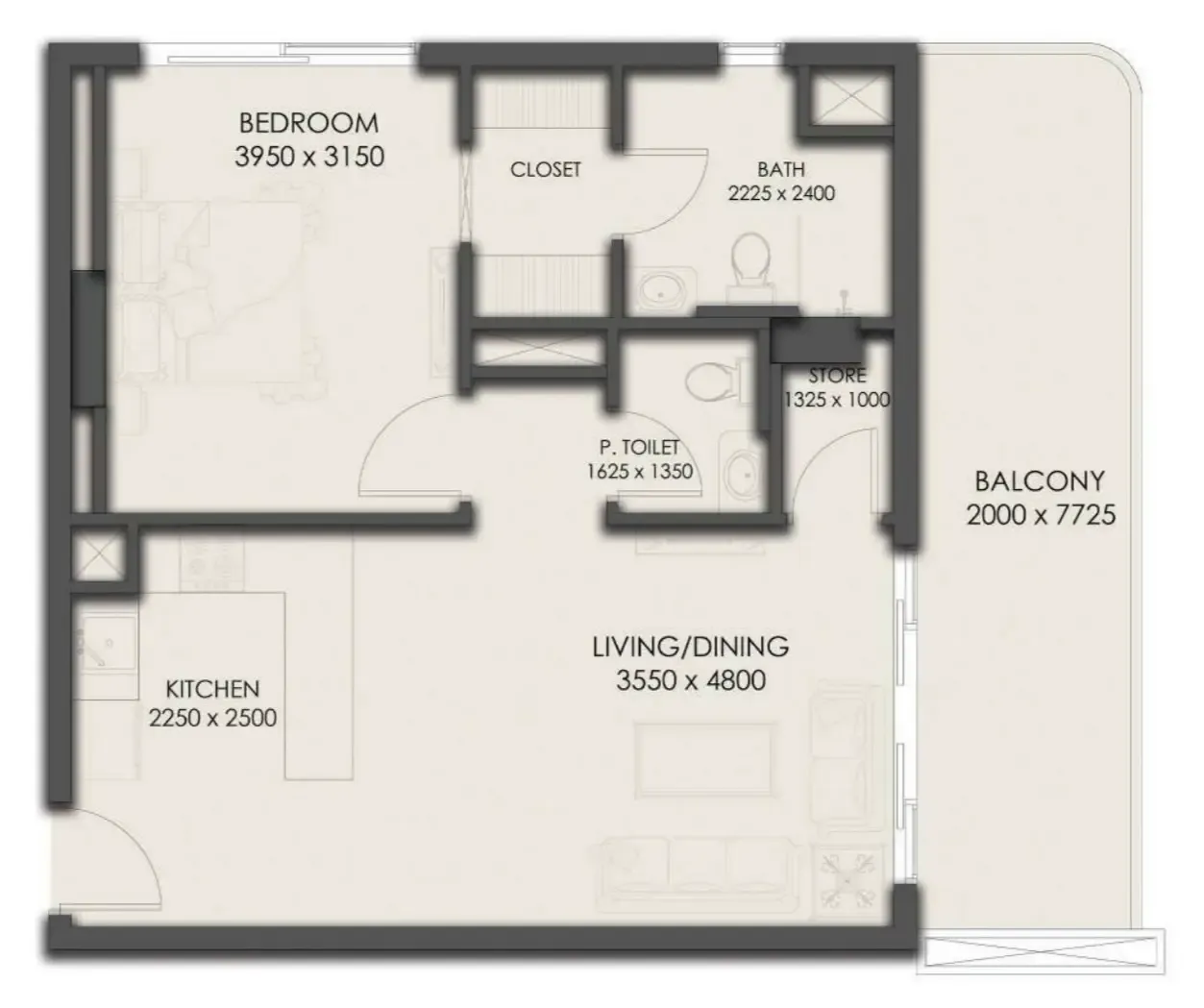 Park Residency 1 bed floor plan, 786 sqft