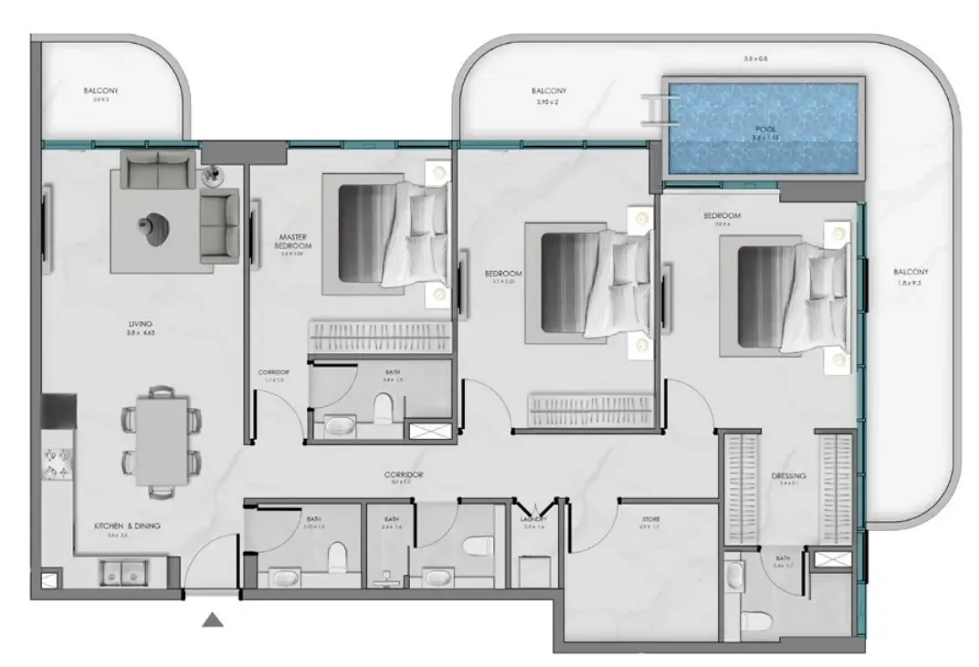 Samana Ocean Bay 3 bed floor plan, 1,830 sqft