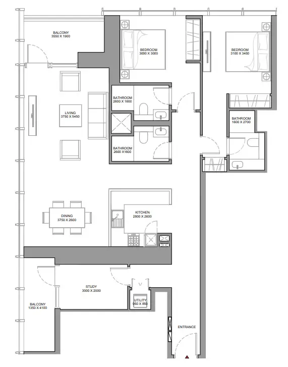 The Element at Sobha One 2 bed floor plan, 1,516 sqft