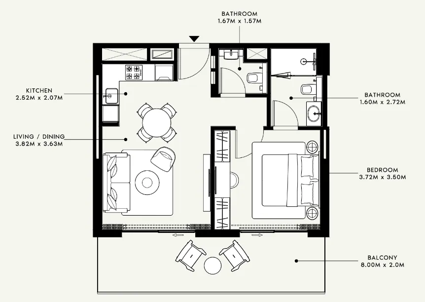 Azizi Venice 1 bed floor plan, 724 sqft