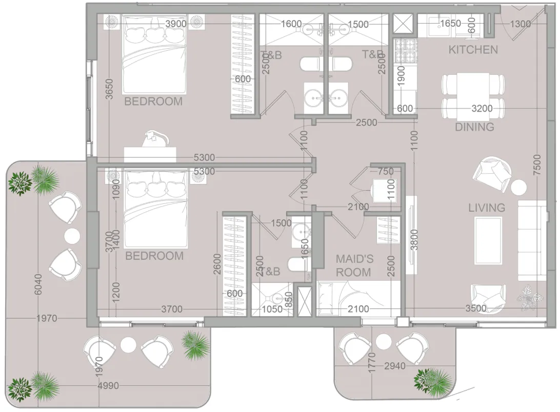 TETR1S Tower 2 bed floor plan, 1,199 sqft