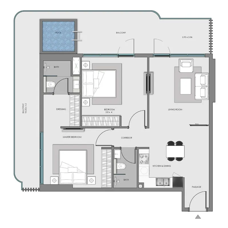 Samana Imperial Garden 2 bed floor plan, 1,222 – 1,256 sqft