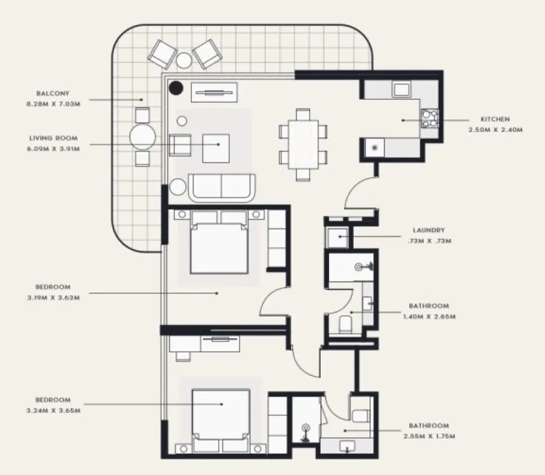 Azizi Venice 2 bed floor plan, 1,132 sqft