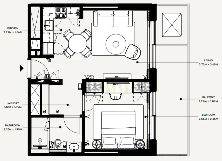 Azizi Wasel 1 bed floor plan, 650 sqft