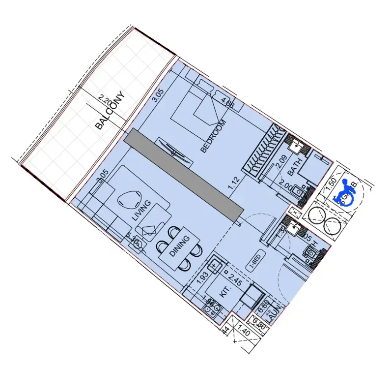 Binghatti Aquarise 1 bed floor plan, 801 sqft