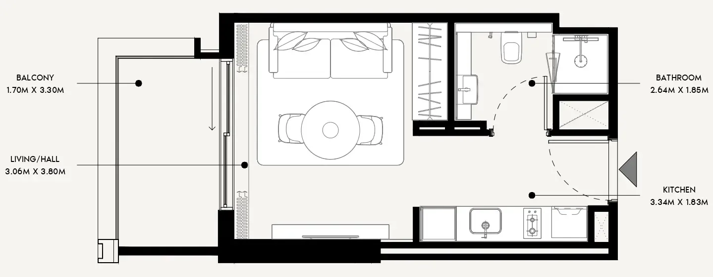 Azizi Venice Studio floor plan, 340 sqft