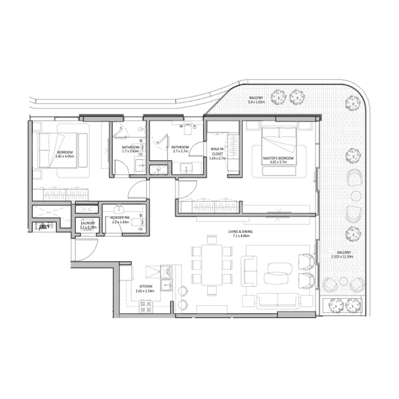 The Blue Beach Residence 2 bed floor plan, 1,533 sqft