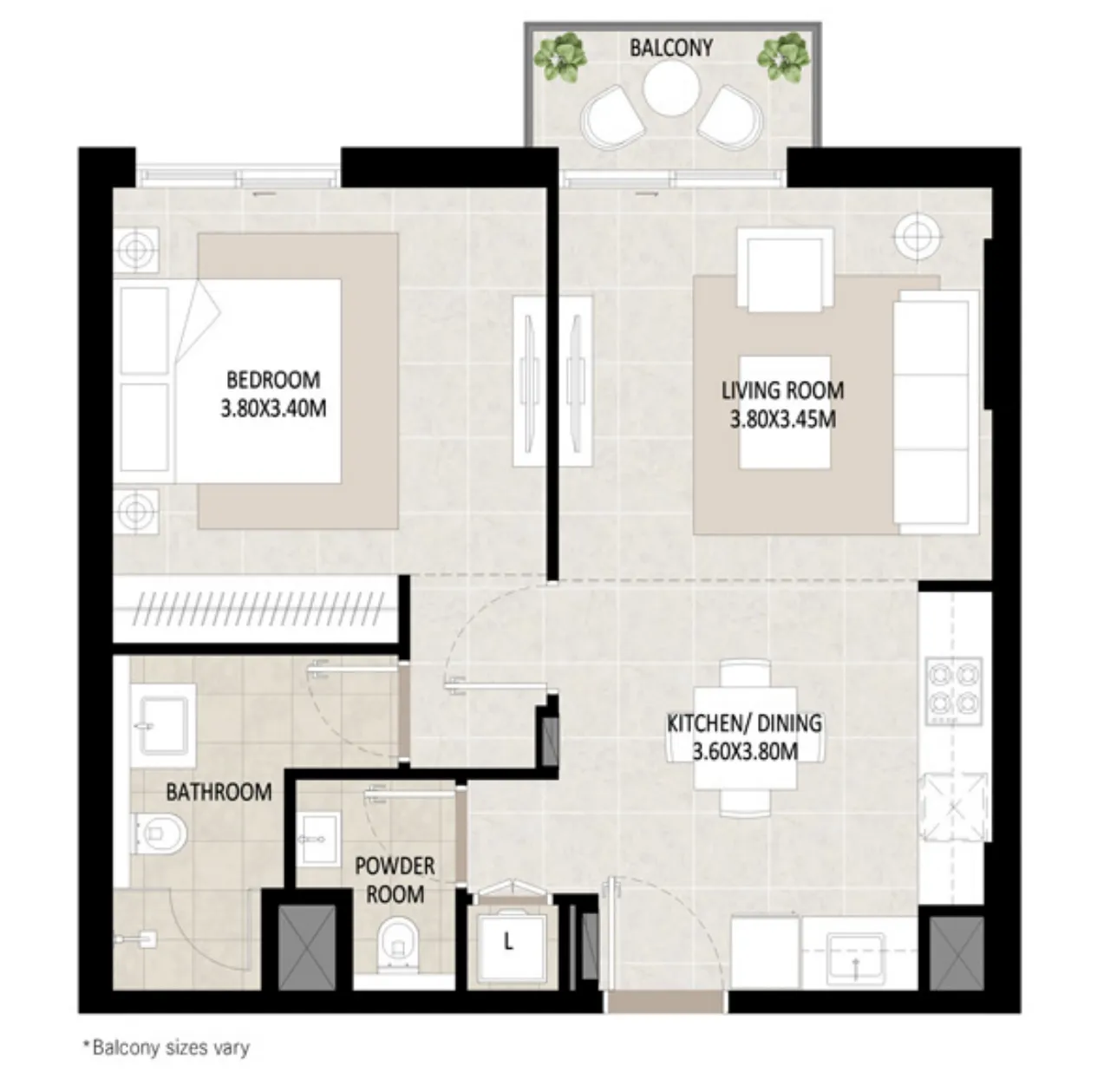 Odessa 1 bed floor plan, 647 sqft