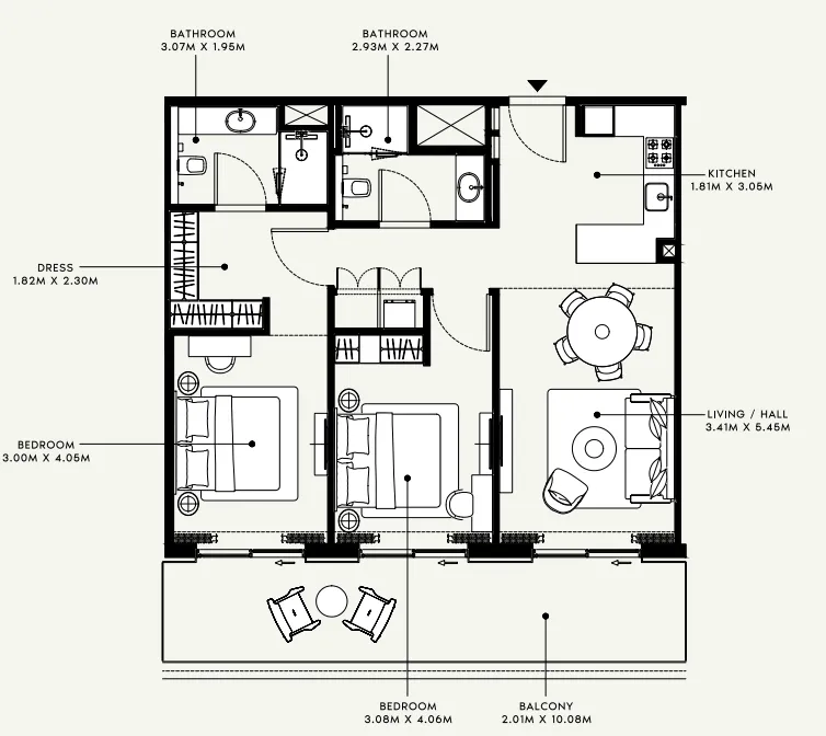 Azizi Venice 2 bed floor plan, 1,157 sqft