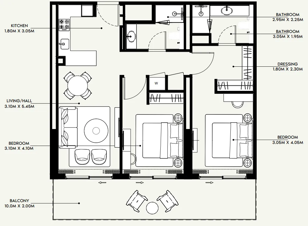 Azizi Venice 2 bed floor plan, 1,150 sqft