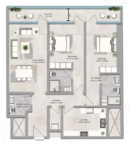 Amwaj Tower 2 bed floor plan, 2,023 sqft