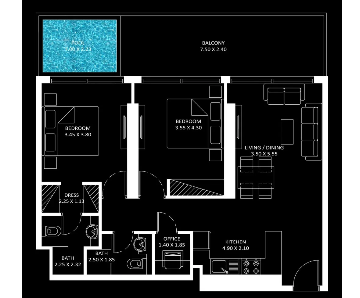 Diamondz 2 bed floor plan, 1,107 sqft