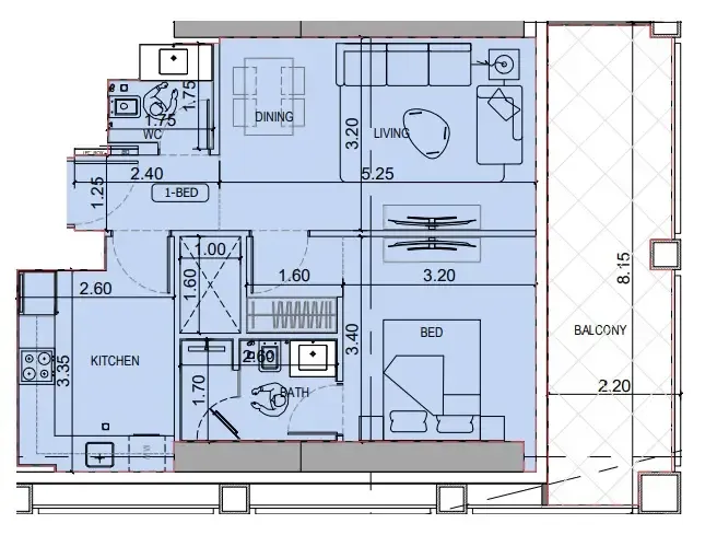 Binghatti Titania 1 bed floor plan, 798 sqft