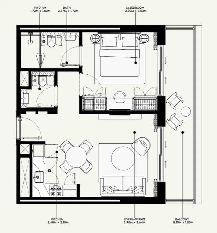 Azizi Venice 1 bed floor plan, 689 sqft