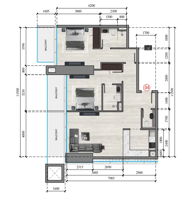 Auresta Tower 2 bed floor plan, 1,139 sqft