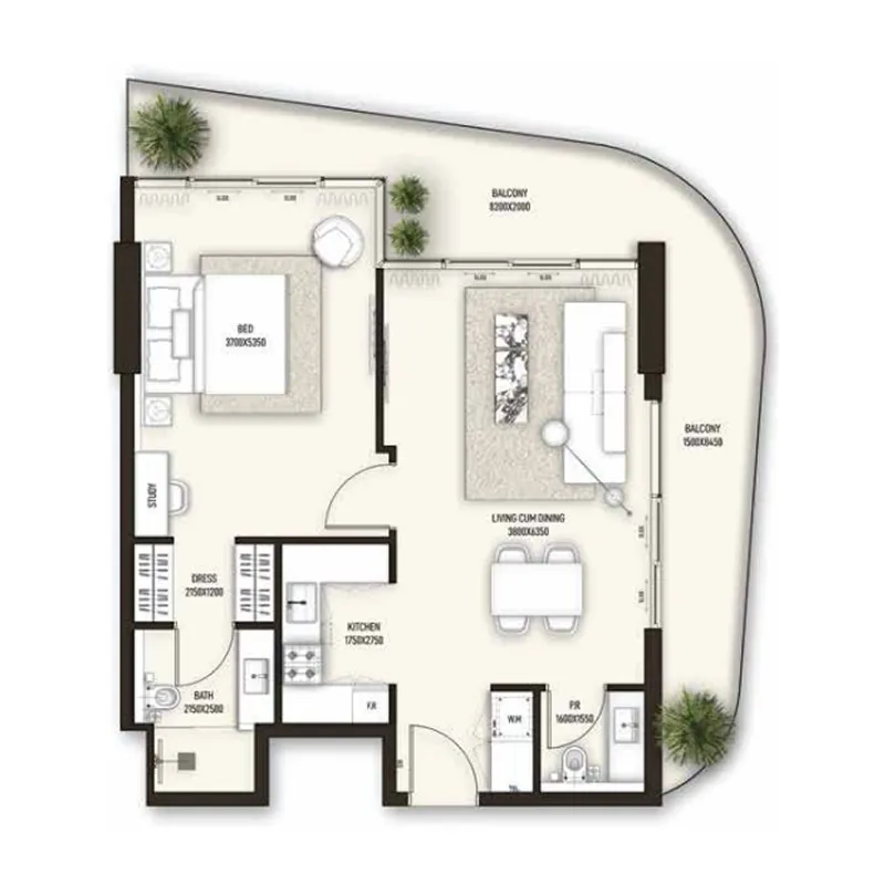 Sonate Residences 1 bed floor plan, 1,025 sqft