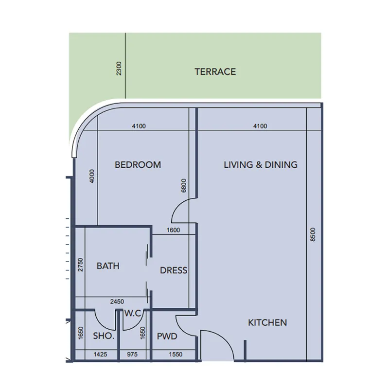 Cotier House 1 bed floor plan, 1,029 sqft