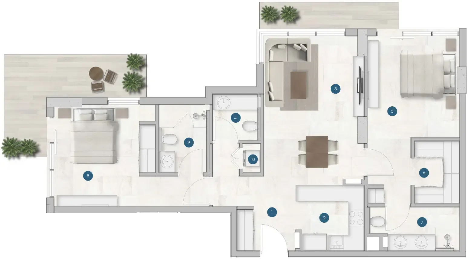 Sola Residences 2 bed floor plan, 1,225 sqft
