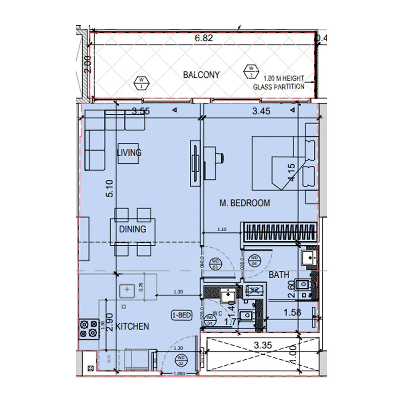 Binghatti Amberhall 1 bed floor plan, 762 sqft