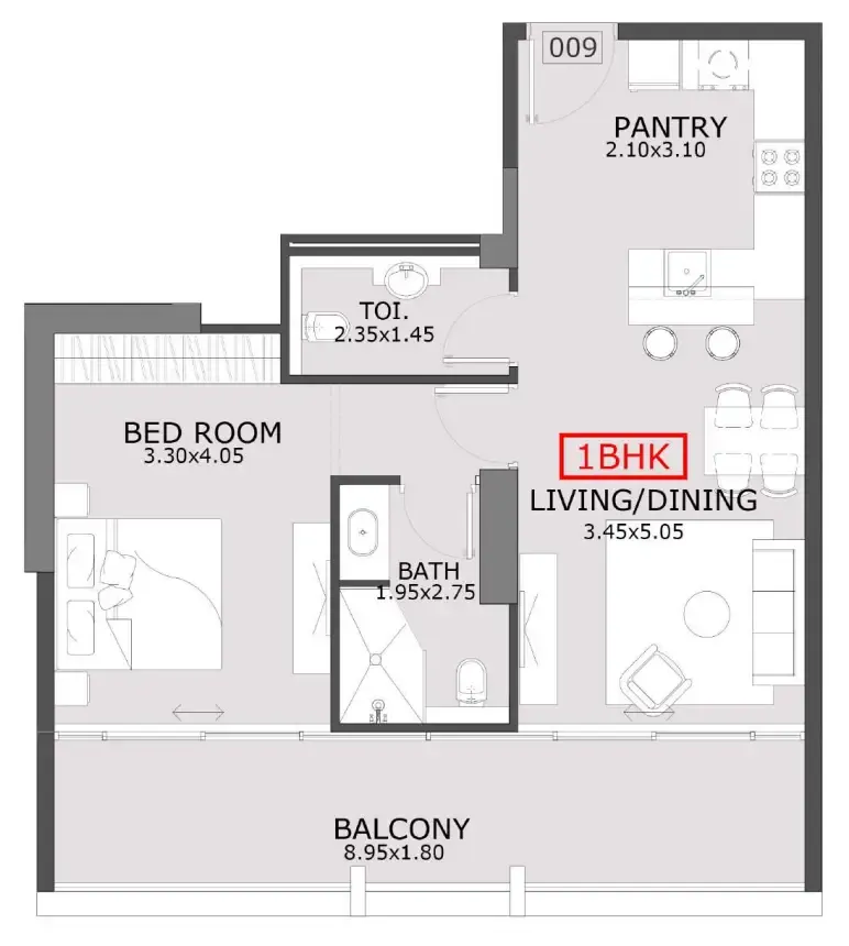 Azra Residence 1 bed floor plan, 822 sqft