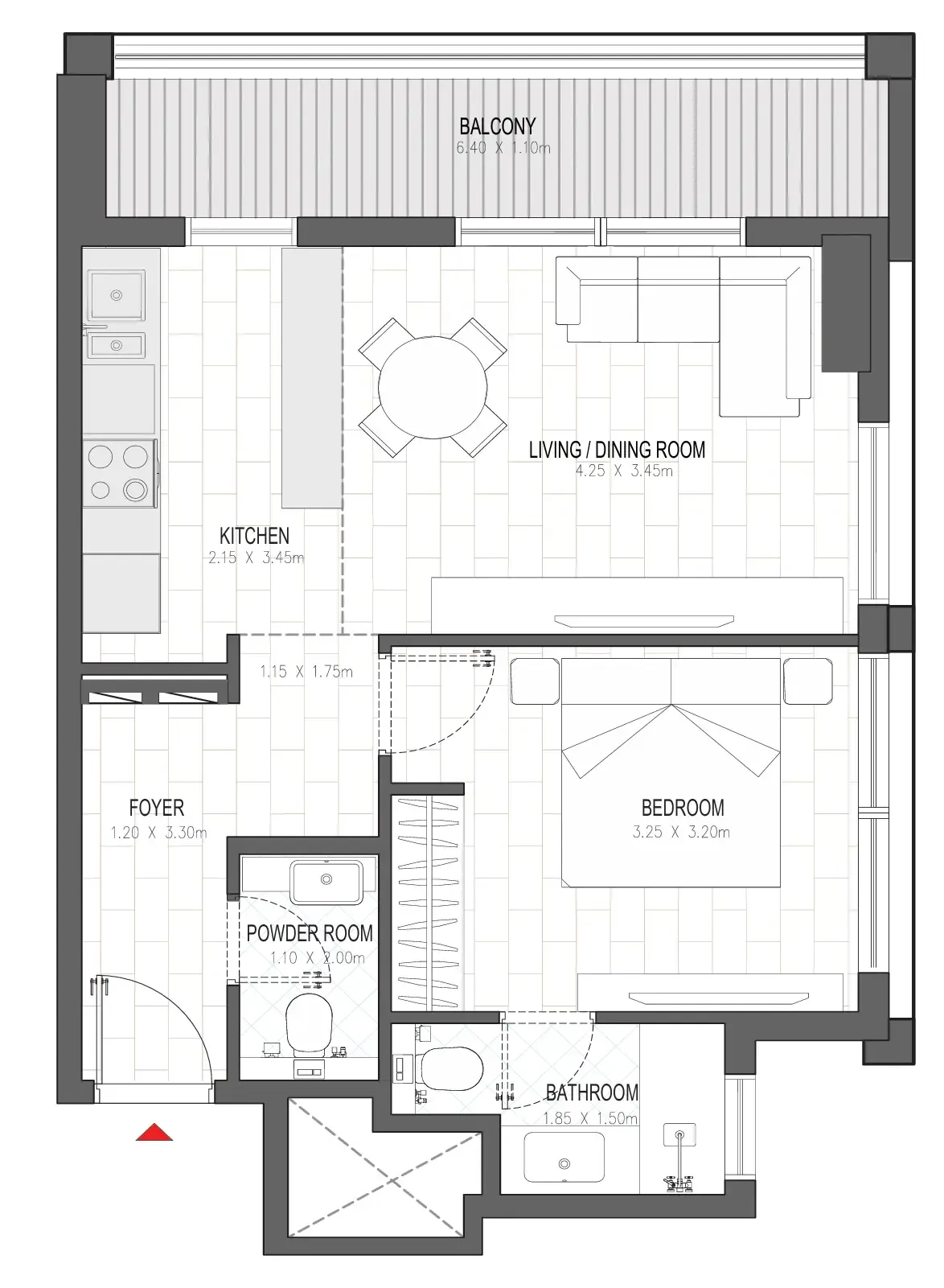 Olfah 1 bed floor plan, 618 – 668 sqft