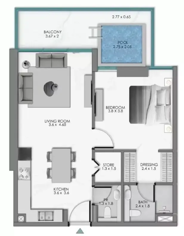 Samana Ocean Bay 1 bed floor plan, 831 sqft