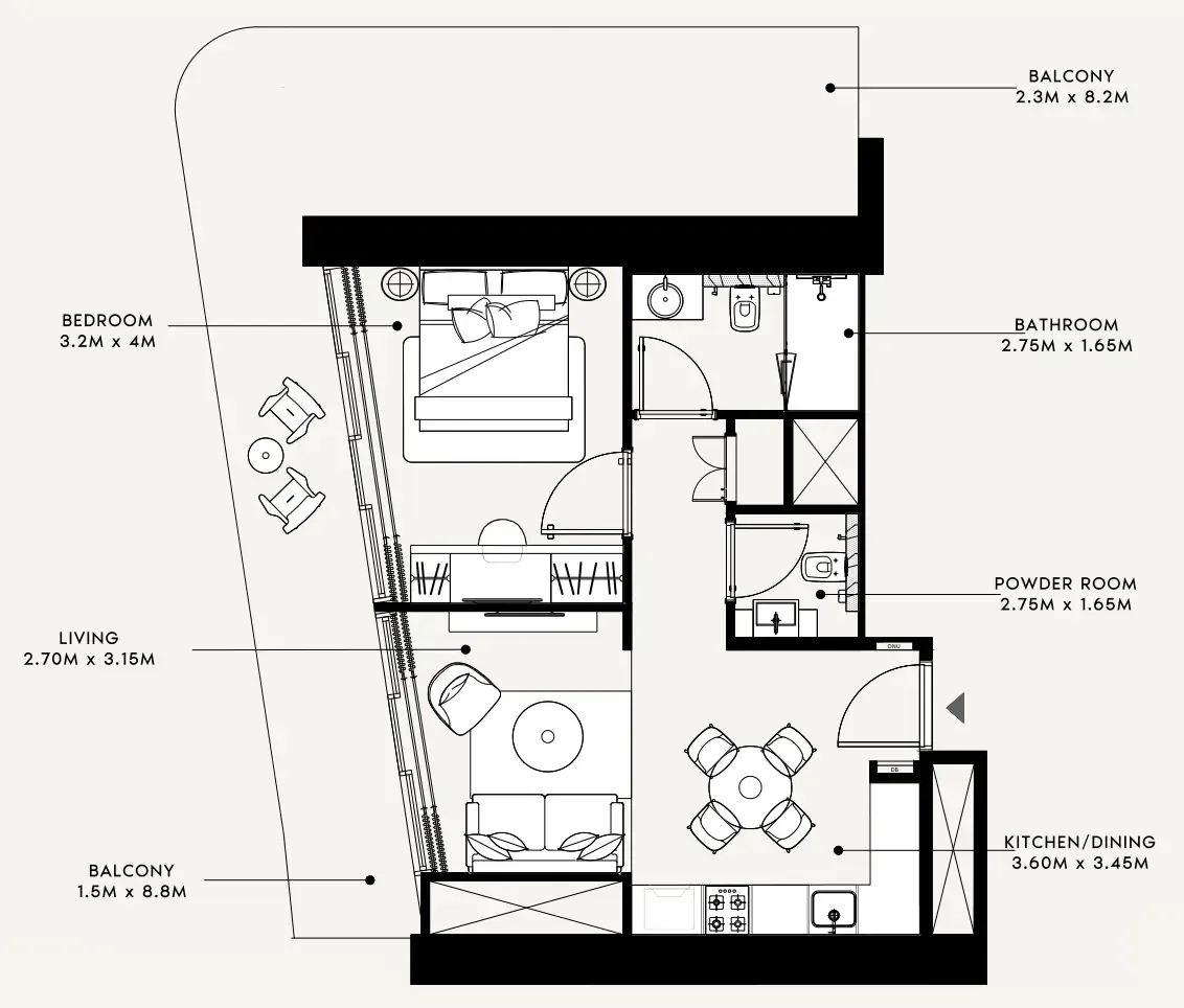 Azizi Milan 1 bed floor plan, 734 sqft