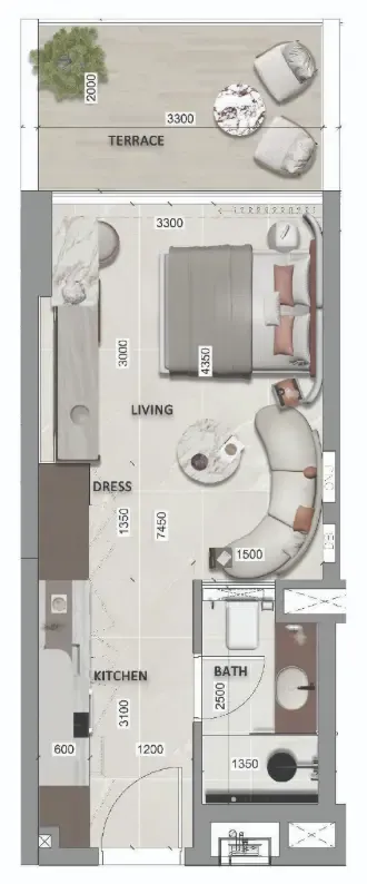 South Lofts Studio floor plan, 353 sqft
