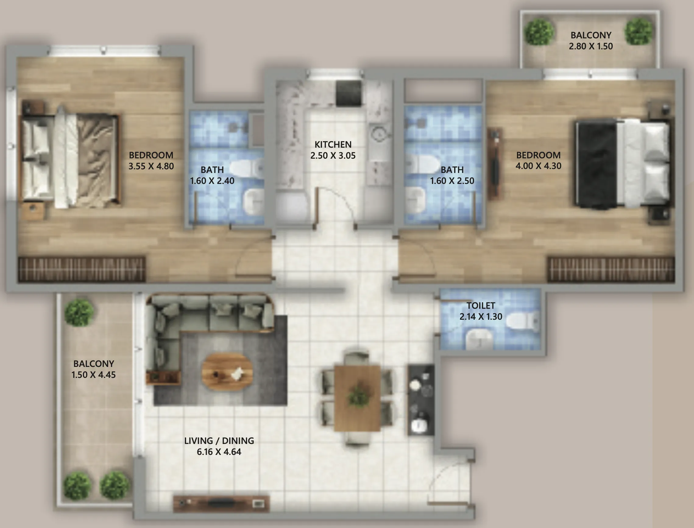 Linden Residences 2 bed floor plan, 1,201 – 1,439 sqft