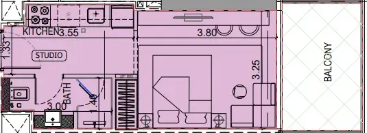 Binghatti Vintage Studio floor plan, 373 – 374 sqft